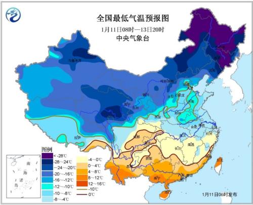 全国最低气温预报图(1月11日08时-13日20时)